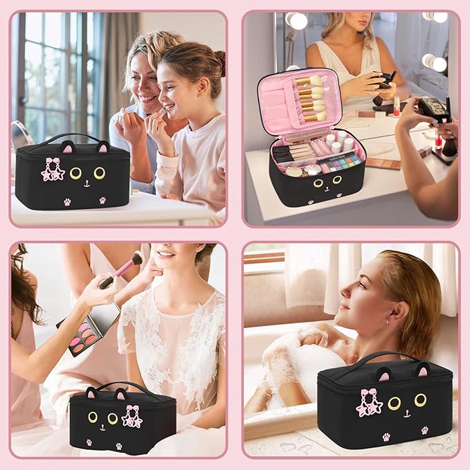 OCHEAL Makeup Bag,Travel Makeup Organizer Bag, Cute Cosmetic Bags for Women Girls Travel Toiletry Bag Traveling With Brush Slot And Divider-Cat