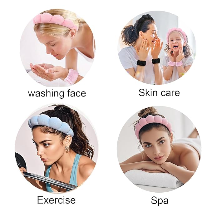 Spa Headbands for Washing Face Soft Puffy Bubble Headbands Wristband for Women Girls Makeup Skin Care Facial Beauty Shower Towel Hairband