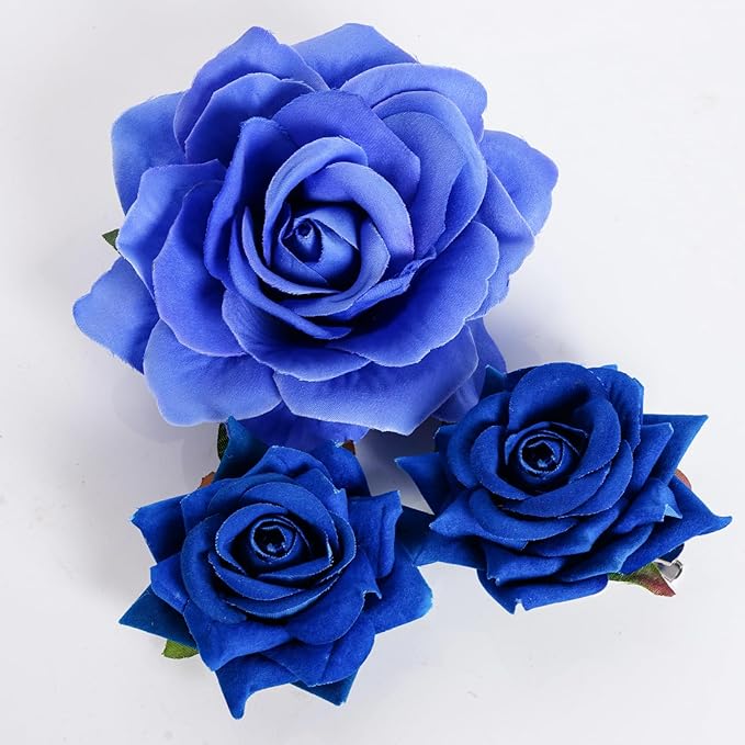 Rose Hair Clip Flower Hairpin Brooch Floral Clips, 4 Pcs Fabric Rose Flowers Hair Clips Mexican Hair Flowers Pin up Headpieces for Woman Girl Wedding Party Mother's Day (2 Sizes) (Blue)
