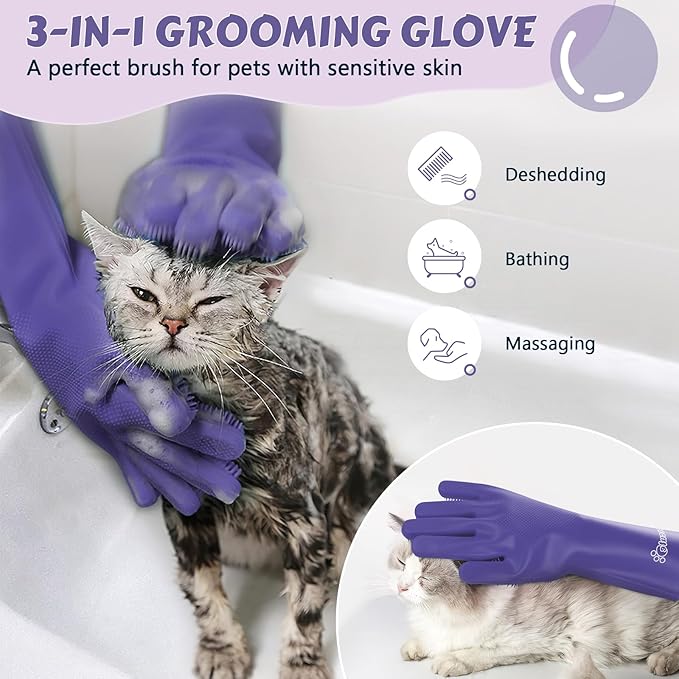 Pecute Pet Grooming Gloves, Large, Heat Resistant, Silicone Bathing and Massaging Gloves with High-Density Teeth and Enhanced Five Finger Design for Dogs and Cats, Purple