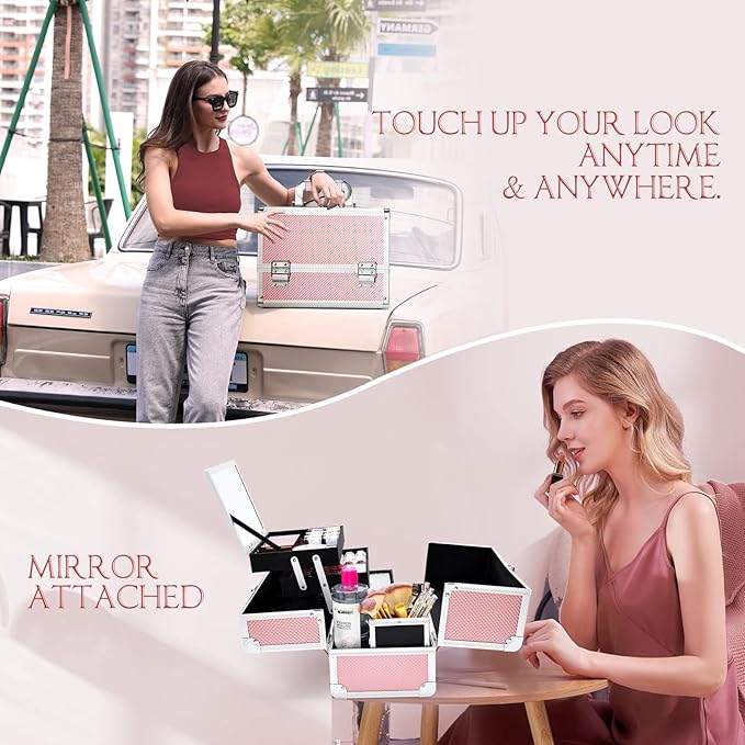 Joligrace Pink Makeup Train Case, 3-Tier Makeup Box Organizer and Portable Makeup Organizer Box, Hard Makeup Case with Mirror and Lock, Professional Makeup Case for Women, 11.8" x 9.1" x 7.1"