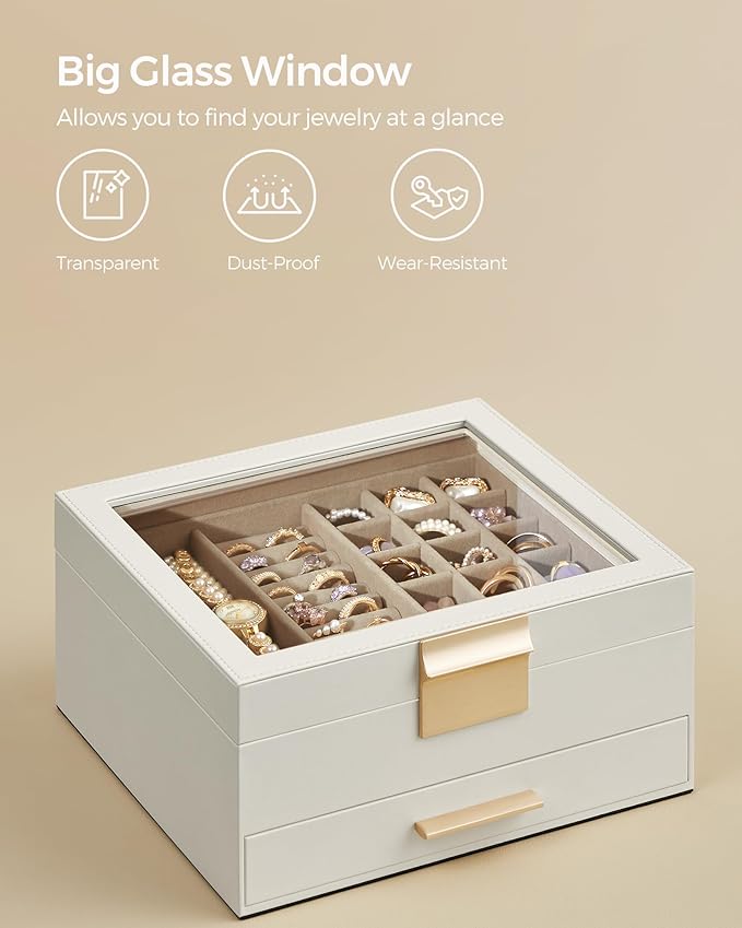 SONGMICS GISELLA Collection - Jewelry Box Organizer, 2-Layer Jewelry Storage with 1 Drawer, Shiny Metal Hardware, Glass Lid, Modern, 8 x 9.1 x 4.1 Inches, Cloud White and Gold Color UJBC174W01