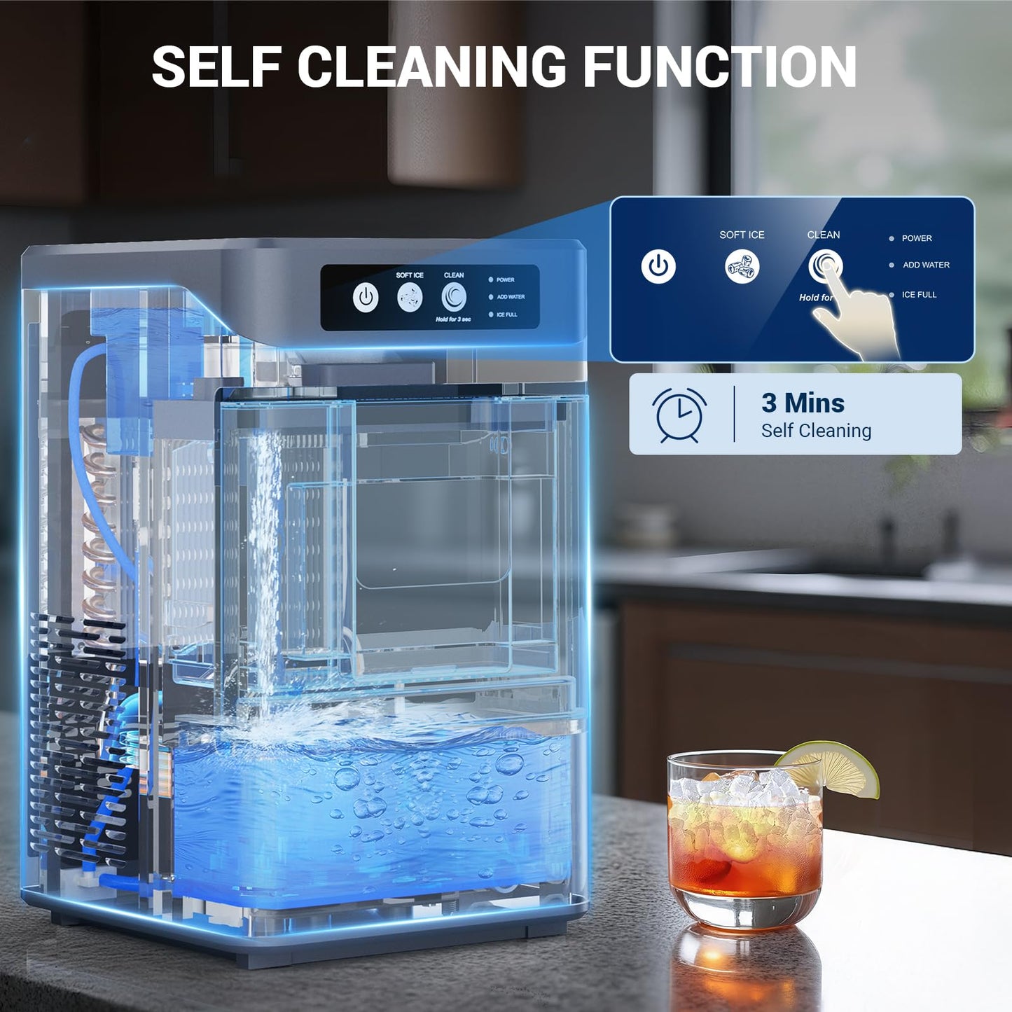Nugget Ice Maker Countertop, 44lbs/24H with 0.8 Gallon Tank, Chewable Soft Pellet Ice Ready in 5 Mins, Stainless Steel Countertop Ice Maker with Self-Cleaning for Home, Office, RV