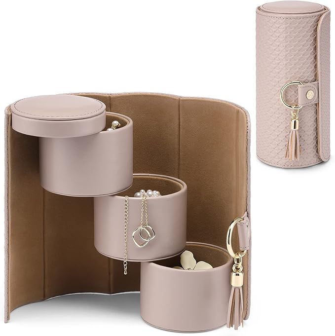 VLANDO Travel Jewelry Box, Travel Jewelry Case for Mothers Day Gifts, Earring organizer Necklacke Organizer Ring Organizer Box with Hand-held Design for Travelling - Grey+Khaki Inner