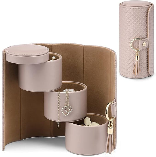 VLANDO Travel Jewelry Box, Travel Jewelry Case for Mothers Day Gifts, Earring organizer Necklacke Organizer Ring Organizer Box with Hand-held Design for Travelling - Grey+Khaki Inner