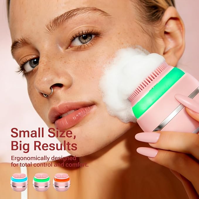 Electric Face Scrubber & Silicone Facial Cleansing Brush - Waterproof Sonic Face Brush Exfoliator with LED Screen, 3 Beauty Light Modes, Rechargeable Face Wash Brush for Deep Cleaning & Massage-Pink