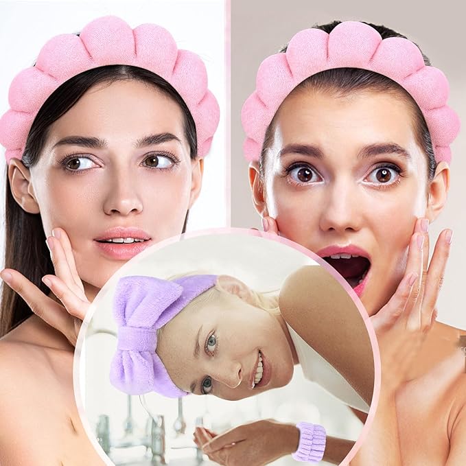 6 Pcs Spa Headband Set - Terry Cloth Headbands with Sponge Wristbands for Skincare, Makeup Removal, and Shower