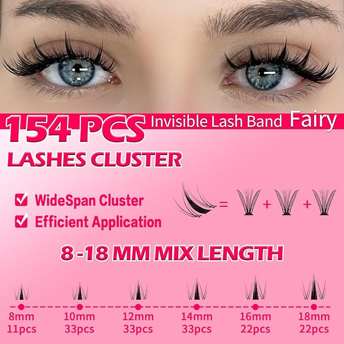 RITALASH Fairy Lash Clusters Wispy Cluster Lashes DIY Wet-Look Spiky Clusters Eyelash Extensions Lash Extension False Eyelashes Natural Look Invisible Lash Band Individual Lashes (Fairy,8-18mm)