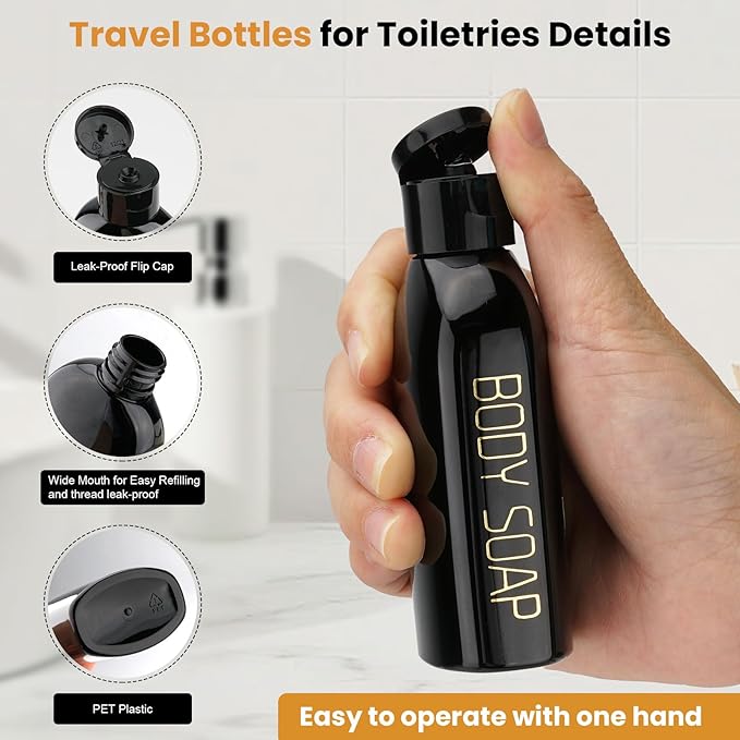 Cosywell Travel Bottles for Toiletries 4pcs 3.4oz Travel Shampoo and Conditioner Bottles TSA Approved Travel Size Containers Leak Proof Small Plastic Squeeze Bottles with Flip Cap(Black)