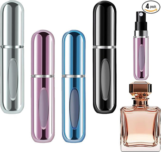 opasyo 4 Pcs Mini Refillable Perfume Portable Atomizer Bottle, 5ml Bottom-Fill Perfume Spray Scent Dispenser, Leak-Proof Travel Pump for Cologne, Aftershave & Purse (Silver/Pink/Blue/Black/)