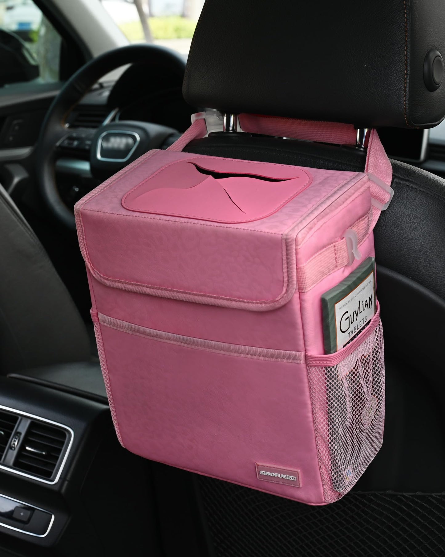 SIBOFUEGO Car Trash Can Cute - Multifunctional Interior Car Accessory for Women, Car Organizer and Storage with Adjustable Straps, Car Stuff Storage 2 Gallons (Leopard-Print Pink)