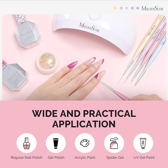 MelodySusie Nail Art Liner Brushes 5Pcs Professional Gel Polish Painting Art Design Pen Set for Thin Long Lines, Tiny Details, Fine Drawing, Delicate Coloring Sizes 5/7/9/11/20mm
