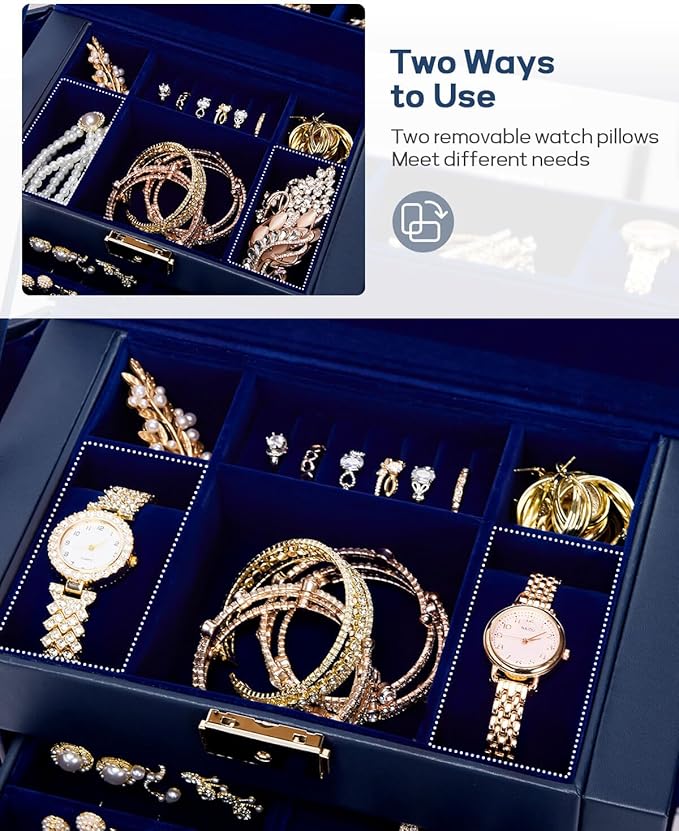 Homde Synthetic Leather Huge Jewelry Box Mirrored Watch Organizer Necklace Ring Earring Storage Lockable Gift Case (Dark Blue + Gold)