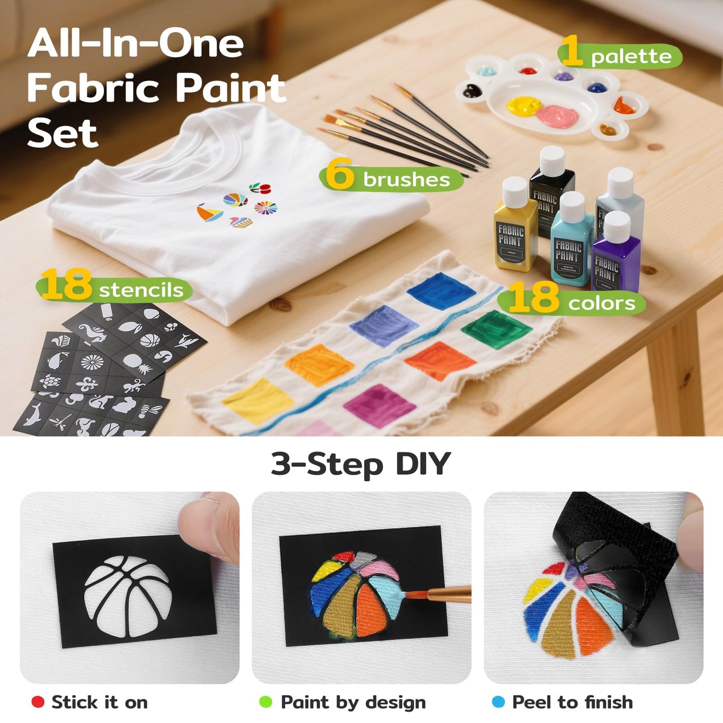 TMOL Fabric Paint Set - Permanent & Washer Safe, 18 Vibrant Colors, in Bottles (60ml/2oz), Non-Toxic Certified Fabric Paint with Brushes & Stencils, Textile Paint for Clothes, DIY Projects & Art