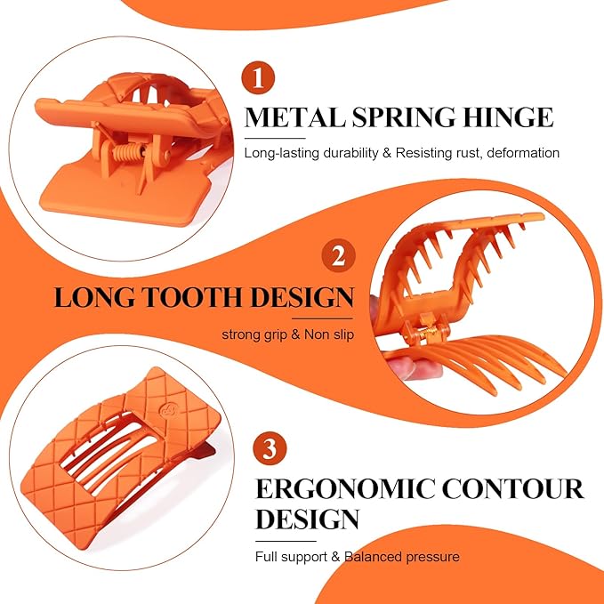 Large Flat Hair Claw Clips for Women for Thin Thick Hair, Stylish Strong Hold Non Slip Square Hair Clips, Cozy French Lay Down Hairclips, Comfortable All-Day Wear, Orange, 4 Pcs