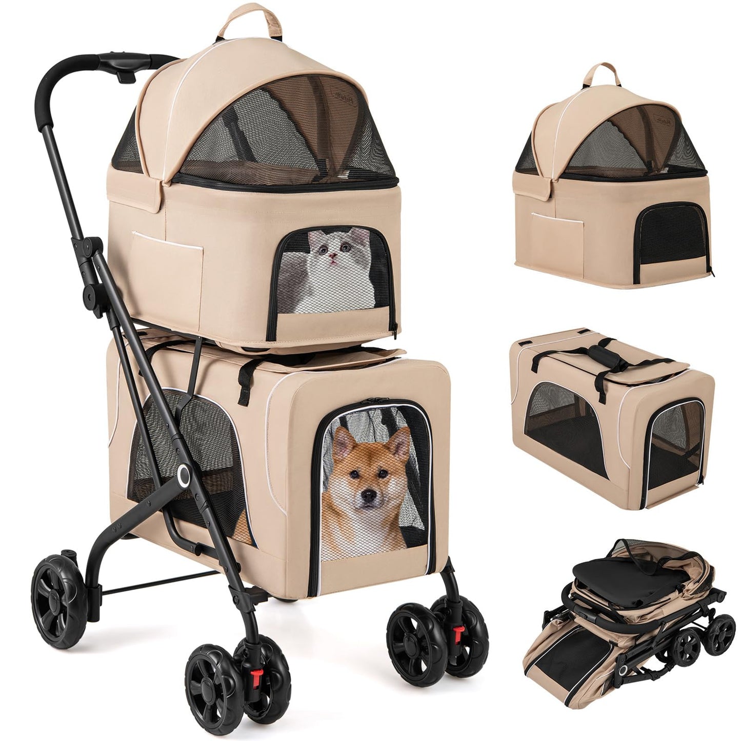 Giantex Double Dog Stroller for 2 Dogs, Detachable Carriers, Safety Belt, 4 Lockable Wheels, Pet Travel Carrier Strolling Cart, Folding Cat Stroller for Small Medium Pets Dogs (Beige)