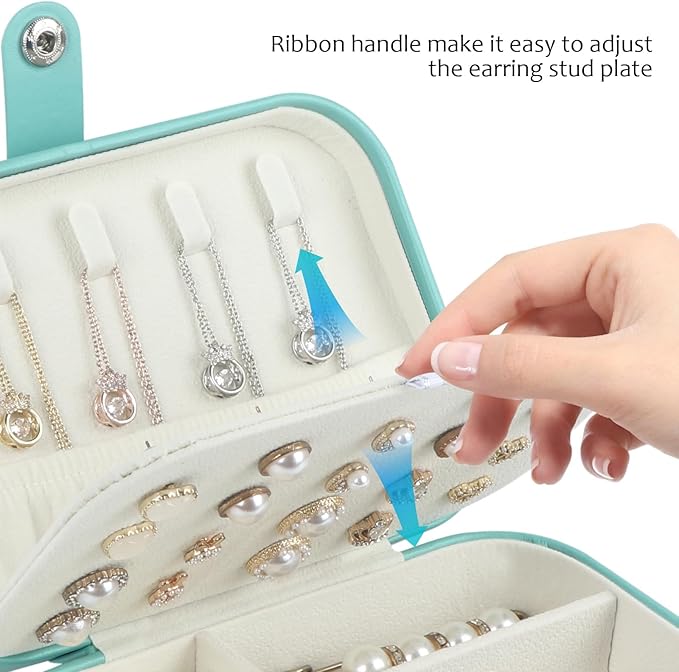 Hatori Travel Jewelry Box, PU Leather Small Jewelry Organizer for Women Girls, Portable Mini Travel Case Display Storage Holder Boxes for Stud Earrings, Rings, Necklaces, Bracelets (Turquoise)