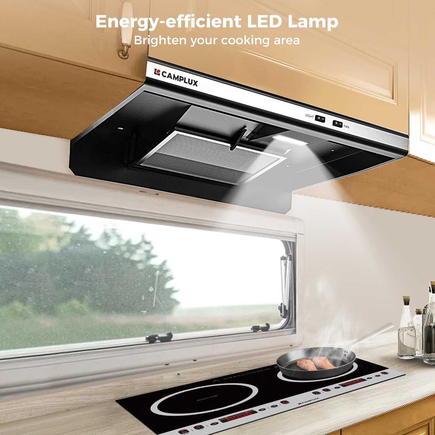 CAMPLUX RV Range Hood 22 Inches,12V DC Range Hood, Ultra Quiet, Powerful Suction, Ideal for RV Travel, Mobile Homes, Yachts, or Small Apartments