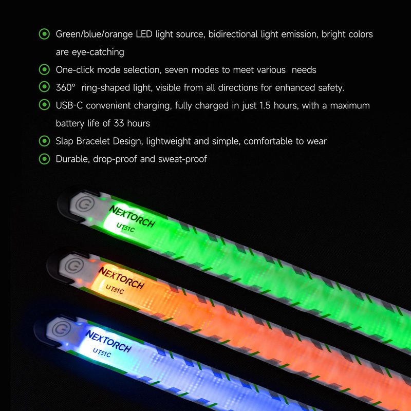 NEXTORCH LED Slap Armband Lights Rechargeable Night Safety Running Wristband Lights, Reflective Straps LED Blue Orange Green Flasing Glow Bracelet for Runners Bicycling Night Pet Walking (1 Pack)