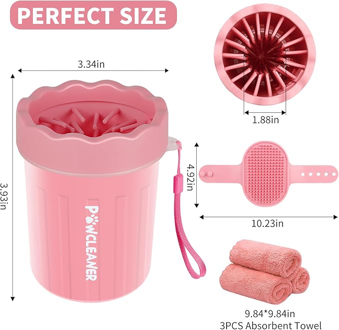 Professional 7 in 1 Dog Paw Cleaner for Dogs & Cats - Includes 1 Portable Paw Washer, 1 Bath Brush, 2 Dog Toothbrushes and 3 Absorbent Towels Note: Fits Paws up to 2 Inches Wide (Small, Light Pink)