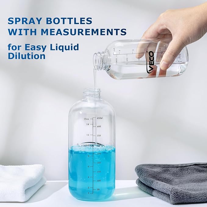 Veco 500mL (17oz) Graduated Spray Bottles, 4-Pack — 360° Any-Angle Spraying for Easy Dilution, Leak-Resistant spray bottles for Cleaning, Plants, Hair & Pet Use + Foldable Funnel
