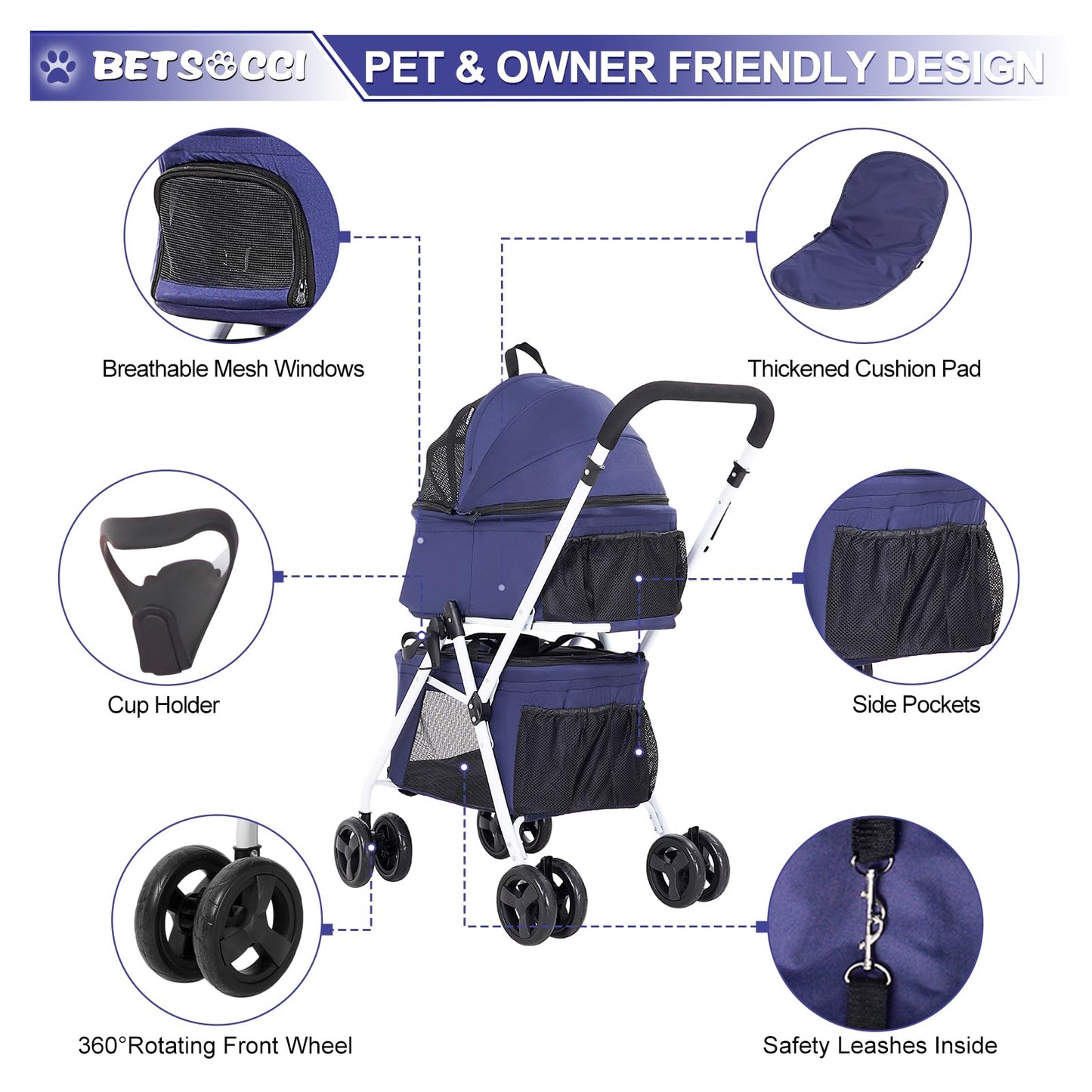 BETSOCCI Double Dog Stroller with 2 Detachable Carrier, Portable Pet Stroller for Small Dogs & Cats Folding Lightweight Puppy Travel Carriage, 4 Wheels, Blue