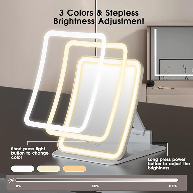 Travel Makeup Mirror with Lights and Magnification 10X, Upgraded Triple-Fold Portable Magnifying Mirror, Adjustable Height/Angle Desk Mirrors with 3-Color Dimmable LED Vanity Mirror, White