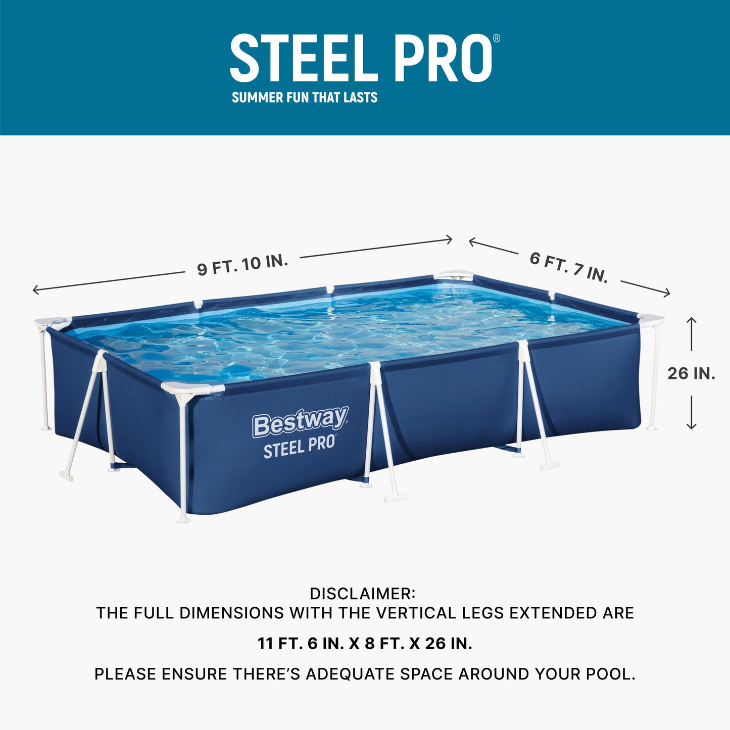 Bestway Steel Pro 9' 10" x 6' 7" x 26" Rectangular Above Ground Pool Set with 827 Gallon Capacity, DuraPlus Liner, and Flowclear 330 GPH Filter Pump