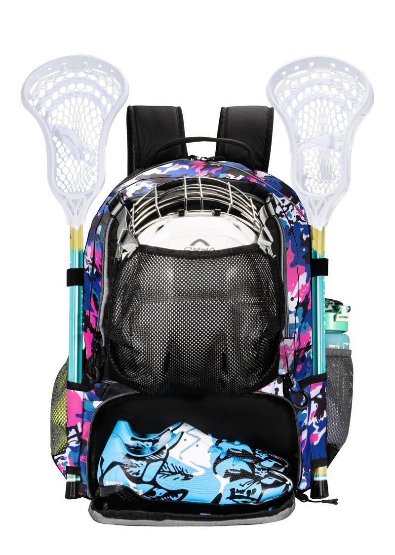 BAIXIXIG Lacrosse Bag for Kids and Youth, Lacrosse Backpack with Helmet Holder and Shoes Compartment, Waterproof Field Hockey Gears Bag for Boys & Girls, Pink