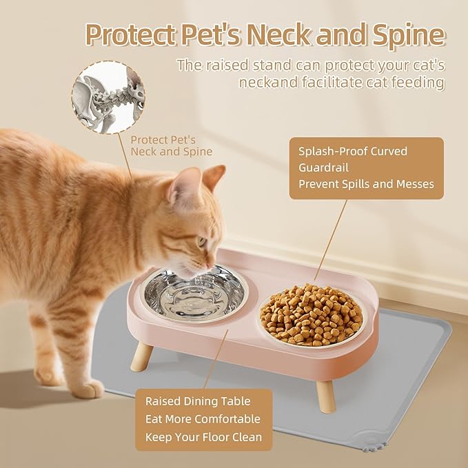 Elevated Cat Bowl with Food Mat, Raised Cat Food and Water Bowl Set for Indoor Cats, Splash Proof with 2 Stainless Steel Pet Food Bowls for Cats and Puppies,Whisker Fatigue and Dishwasher Safe (Pink)
