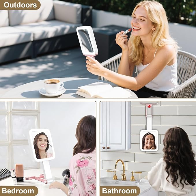 Mocado Travel Makeup Mirror with Lights,20X/1X Magnifying Mirror with Light, Double Sided Travel Mirror with 3 Color Light,Dimmable Touch,Lighted Makeup Mirror for Tabletop,Handheld,Hanging(Rose Gold)