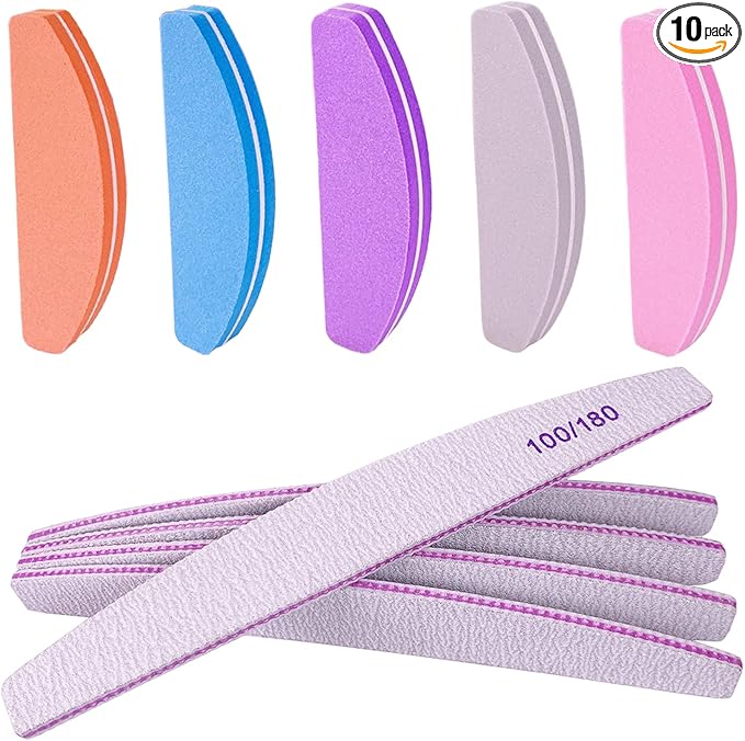 Nail File and Buffer (10 Pcs), Buffer Block Nail Files Double Sided 100/180 Grit for Acrylic and Natural Nails, fingernail Emery Board Buffing Blocks Manicure Set Nail Care kit Tool Halfmoon Arc