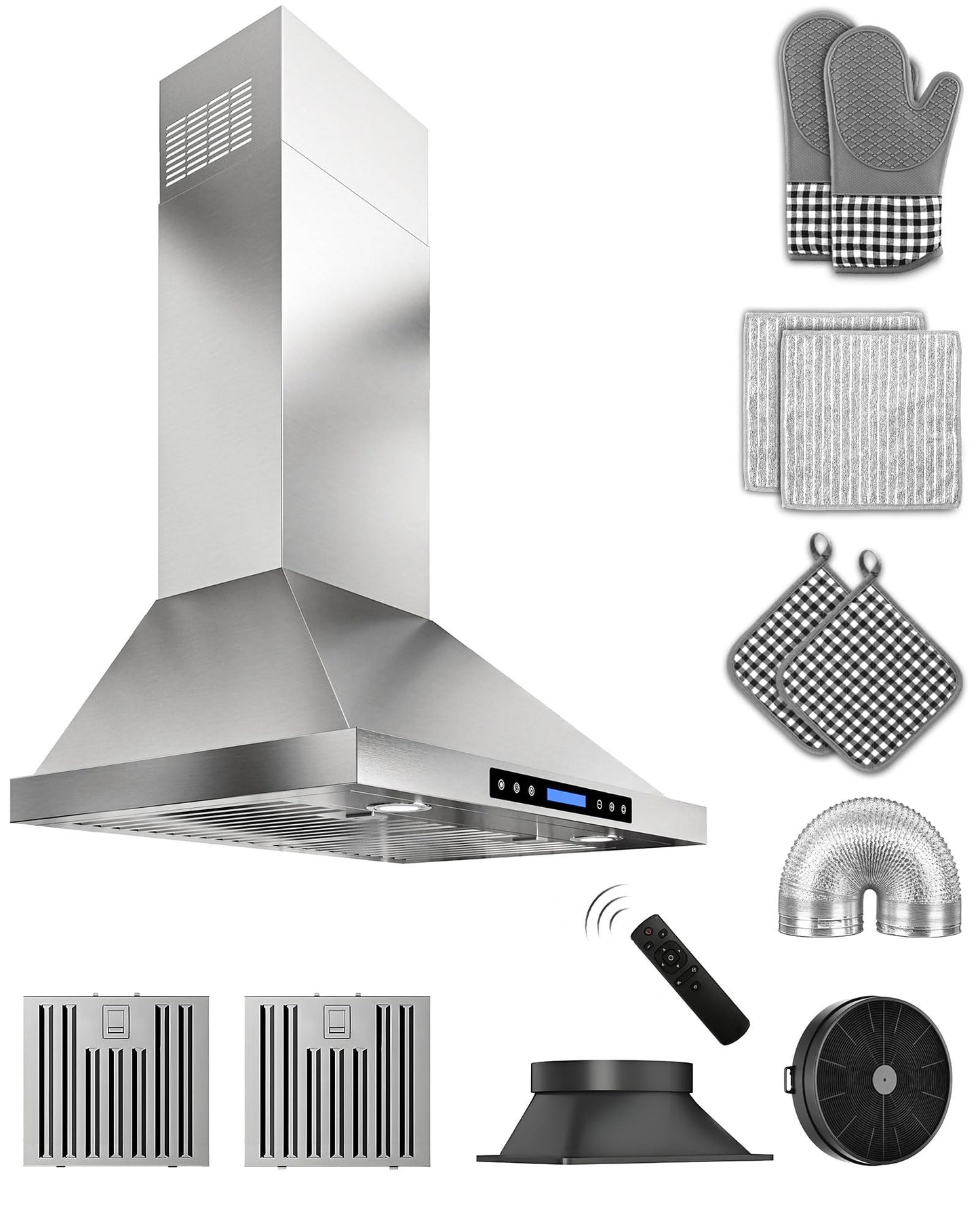 FlyPine 36 inch Stainless Steel Wall Mount Range Hood - 900 CFM, Ultra-Quiet 4-Speed Vent, Touch/Remote Control LCD, LED Lights, Ducted/Ductless Convertible