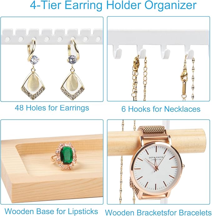 Jewelry Organizer Stand, Jewelry Holder, Lengnoy 4 Tier Earring Holder with 48 Holes and 6 Hooks Necklace Organizer Wood Box for Necklace Bracelet Earring Ring, White