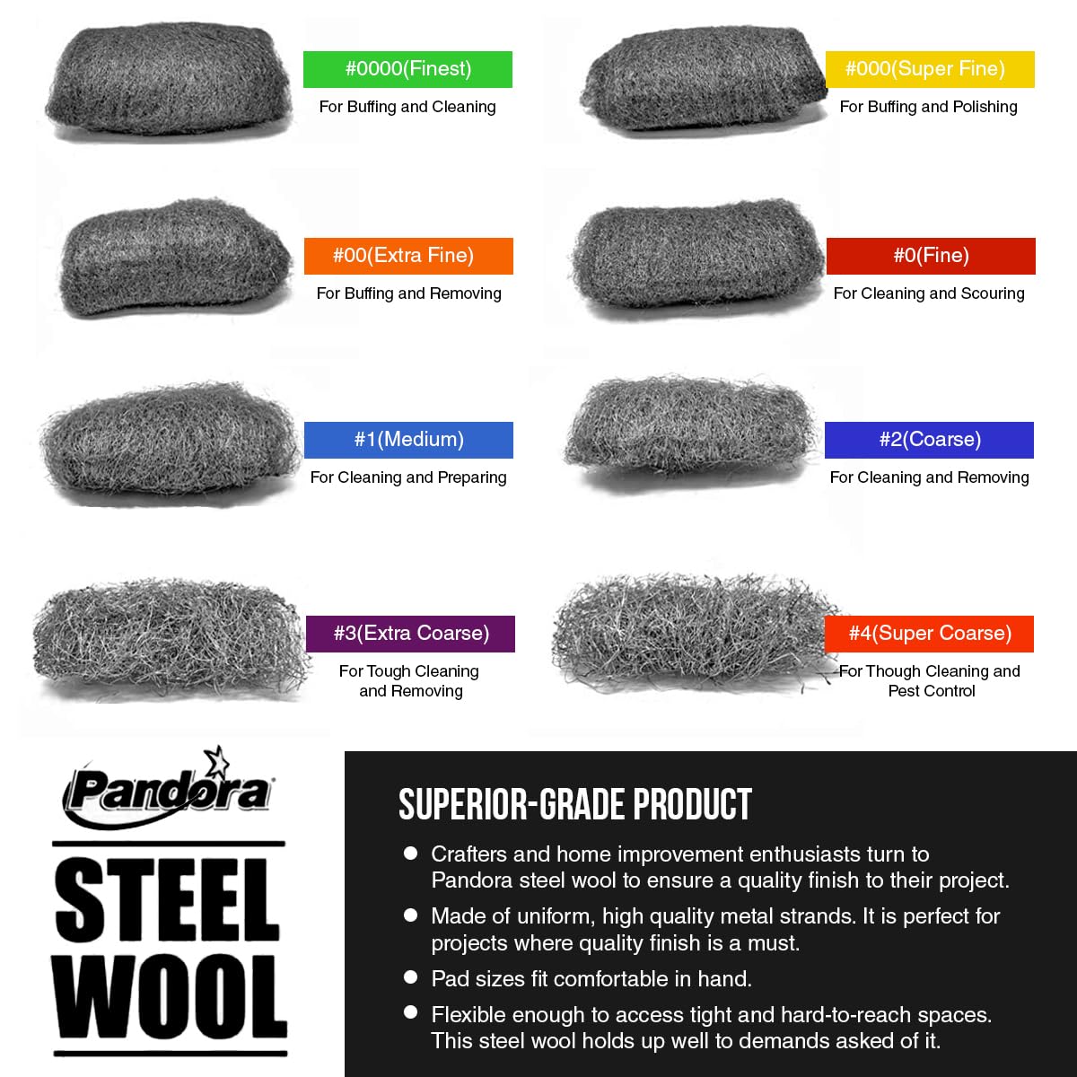 Pandora Steel Wool #4 – Extra Coarse Grade, 16 Pads for Tough Cleaning and Pest Control - Quality Metal Strands - Ideal for Removing Stubborn Paint, Rust, Dirt, and Varnish