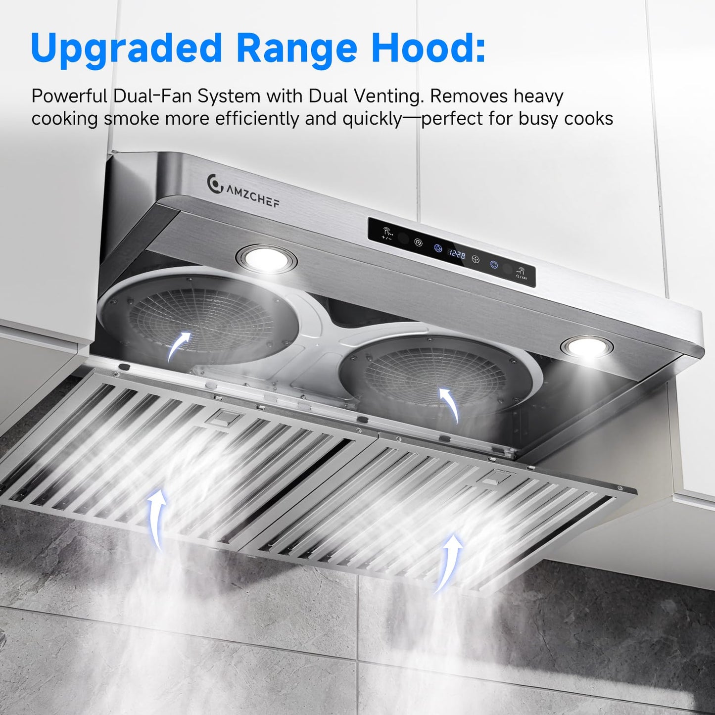 AMZCHEF 30" Under Cabinet Range Hood with Dual Fans System-1050CFM Ultra-Powerful Ventilation,3 Speed Stainless Steel Kitchen Hood with Touch/Remote/Gesture Control, Timer & LED Lights, Baffle Filters