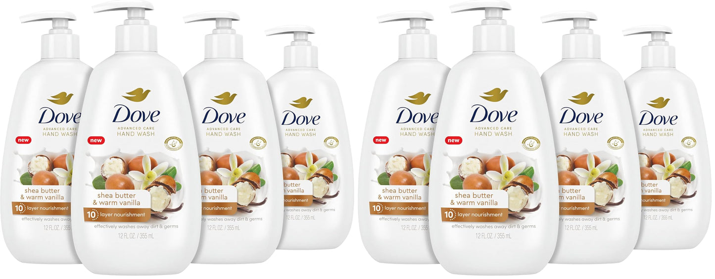 Dove Advanced Care Hand Wash Shea Butter & Warm Vanilla for Soft,Smooth Skin,More Moisturizers than the Leading Ordinary Hand Soap,12 oz,(Pack of 8)