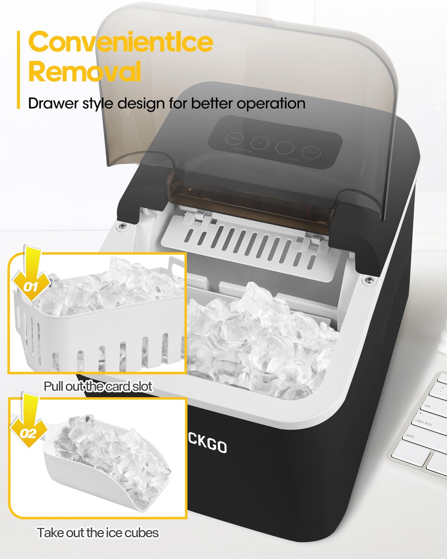 Ice Maker Countertop, 9 Cubes in 6 Mins, 33 lbs per Day, Portable Bullet Ice Machine, Self-Cleaning Ice Makers with Basket and Scoop, Ideal for Home, Kitchen, Camping, RV