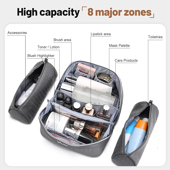 BOYATU Travel Makeup Bag Cosmetic Bags for Women: Large Capacity 3 Pcs Set Make up Bag with Compartments - Waterproof Vegan Leather Toiletry Organizer Bags with Handle (L07Grey)
