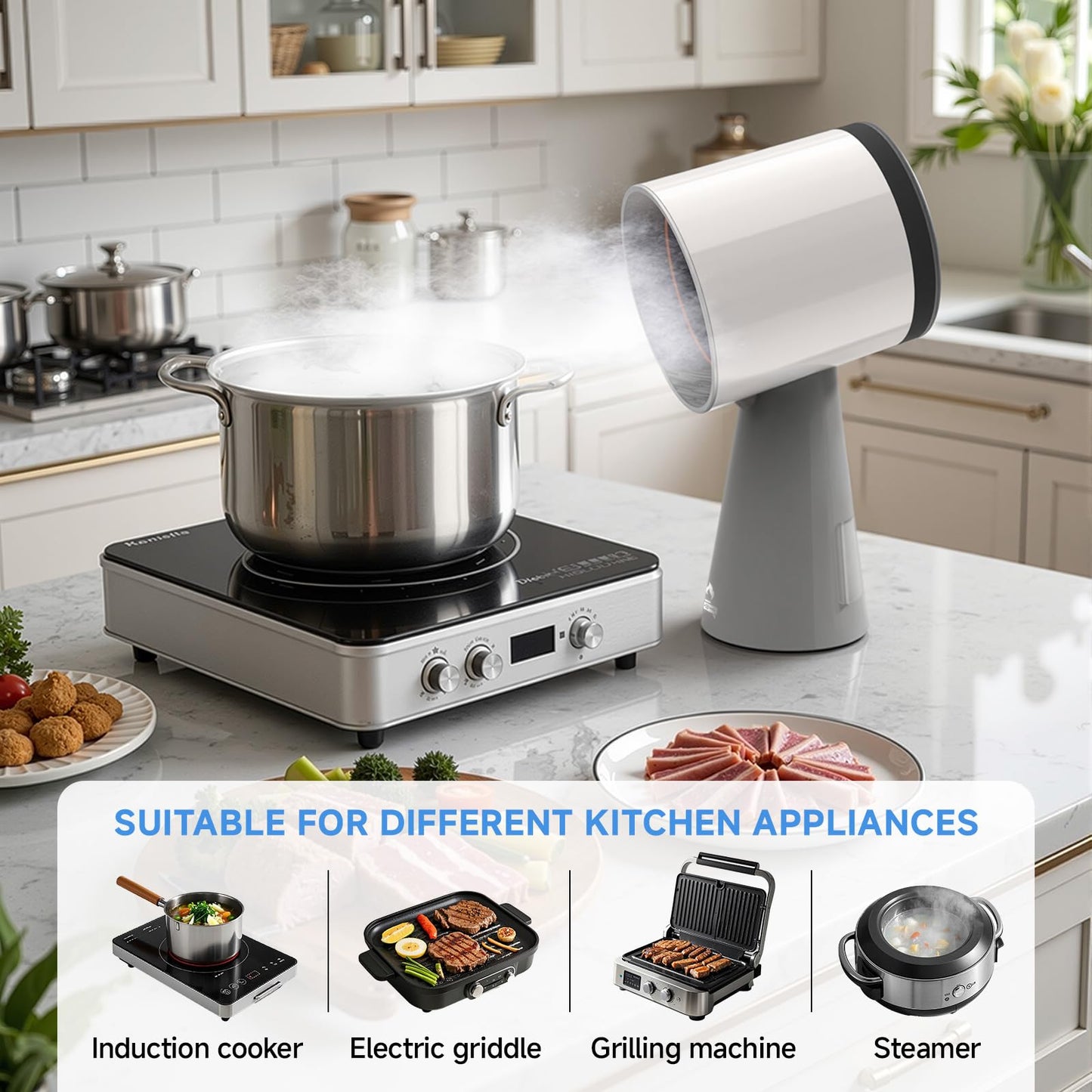 AMZRVSTUDIO Portable Range Hood 3-Speed Suction Desktop Compact Range Hood with 3 Activated Carbon High-Absorption Cotton Replace Filter Low Noise Kitchen Exhaust Fan (grey)