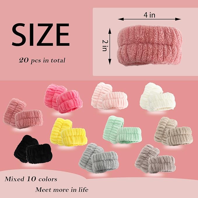 20 Pcs Wrist Bands for Washing Face, Elastic Absorbent Face Washing Wristbands, Women's Wrist Towels Spa Wristbands for Stop Water from Flowing Down Your Arm (Style 1)