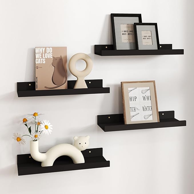 RICHER HOUSE 4 Set Floating Wall Mounted Shelves, Black Shelves for Wall Decor, Modern Picture Ledge Shelf with Lip for Storage, Nursery, Bedroom, Living Room, Bathroom - Black