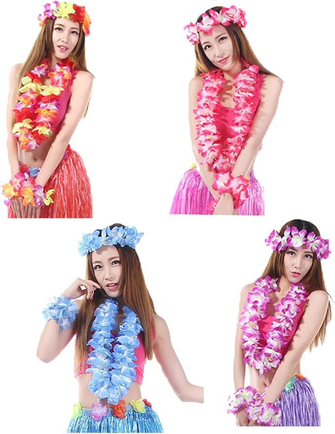 Hawaiian Leis Set,Hawaiian Luau Flower Leis Necklace Headband Bracelets Set,Essential Party Decorations for Birthday, Graduation, and Wedding Celebrations (Purple)