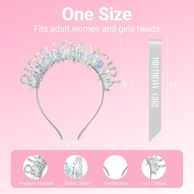 Birthday Headband with Sash for Women, Birthday Crwon Tiara for Decorations