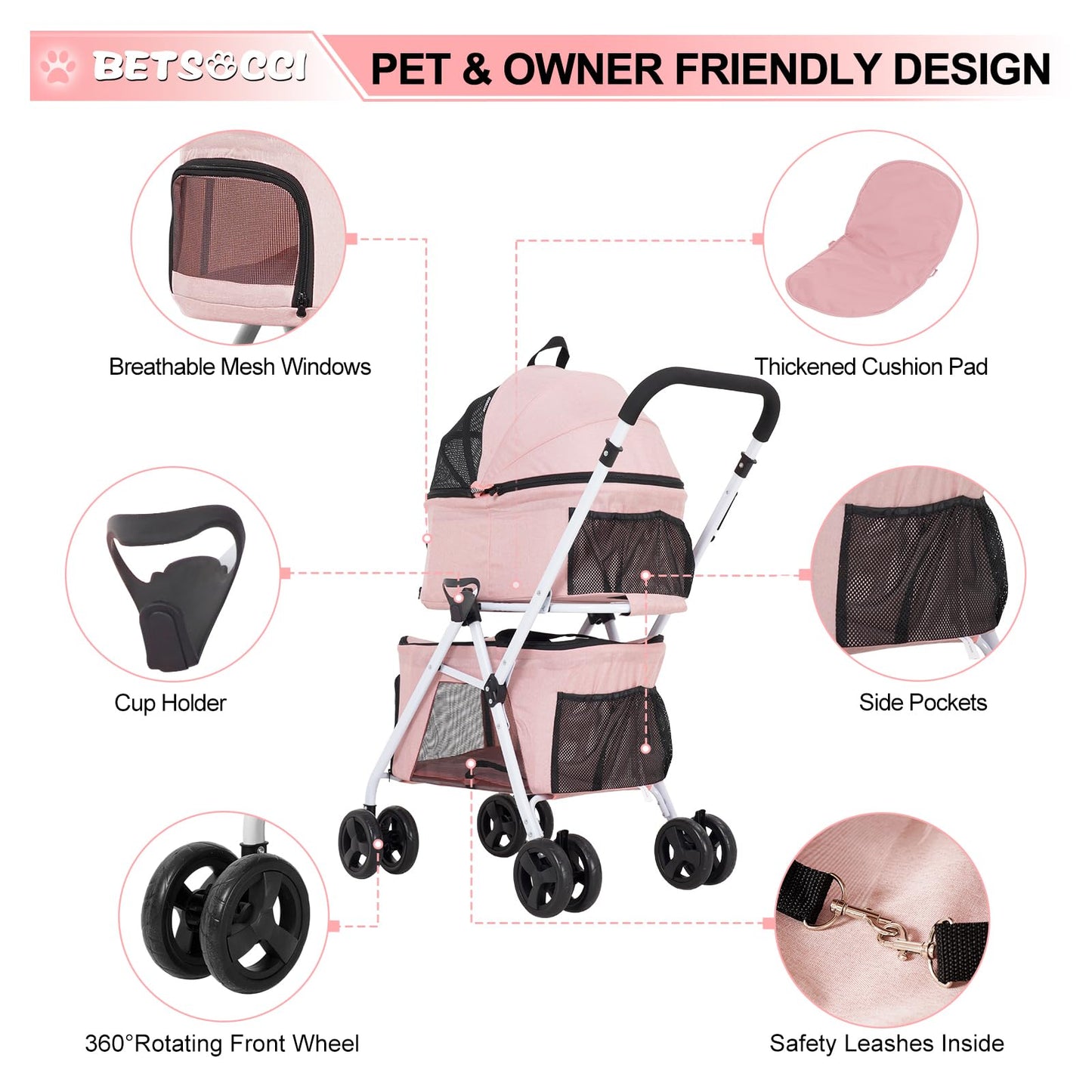 BETSOCCI Double Dog Stroller with 2 Detachable Carrier, Portable Pet Stroller for Small Dogs & Cats Folding Lightweight Puppy Travel Carriage, 4 Wheels, Pink