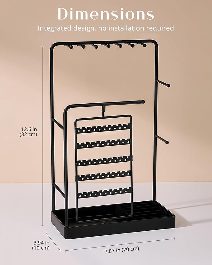 ProCase Jewelry Stand Holder Organizer, Jewelry Display Storage with Ring Tray, No-Assembly, Rotating Earring Bracelet Necklace Holder,Valentine's Gifts Room Dorm Decor for Teen Girls -Black