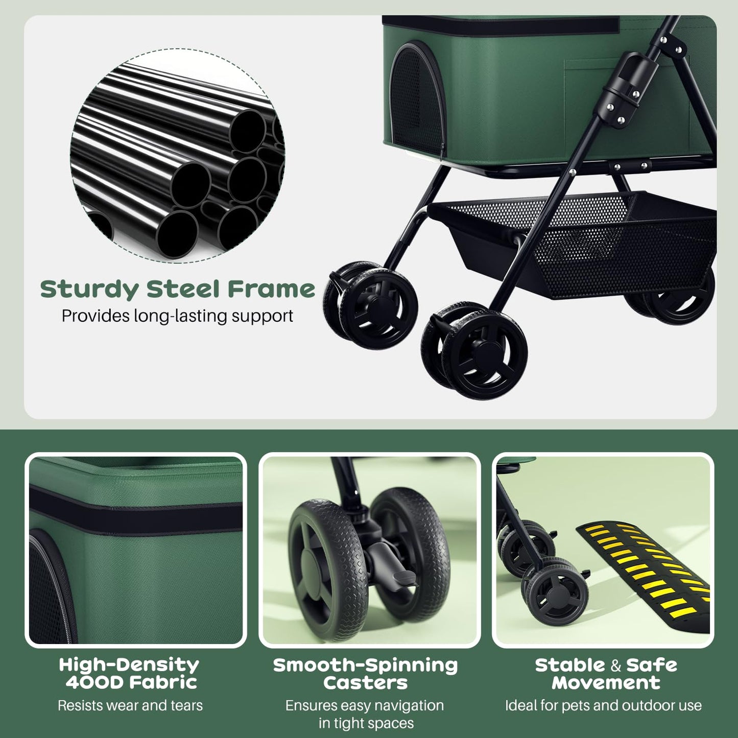 PUPIHOM Foldable pet Stroller for Cats with Detachable Weather Cover, 4 Wheels Pet Strolling Cart for Dogs and Cats with Storage Basket and Cup Holder（Green）