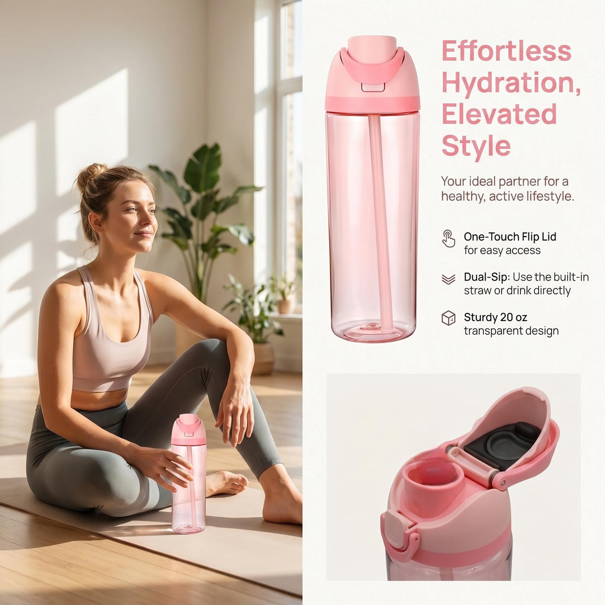 KiiKiiPaNa Clear Plastic Water Bottle with Straw, BPA-Free Sports Water Bottle, Great for Travel, Sports, work, shopping，20 Oz