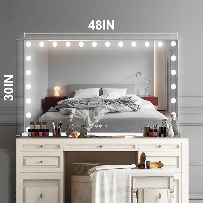 Hollywood Vanity Mirror with Lights, 24 Dimmable Bulbs, 3 Color Lights,Make Up Lighted Mirror, Aluminum Metal Frame, USB Charging Port（48" x 30"）