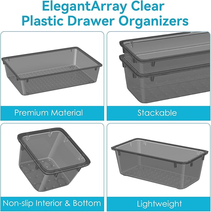 12-Piece Drawer Organizer Set, 4 Sizes Versatile Plastic Vanity Organizer for Makeup, Stationery, Gadgets, in Kitchen, Bathroom, Office, and Bedroom, Black